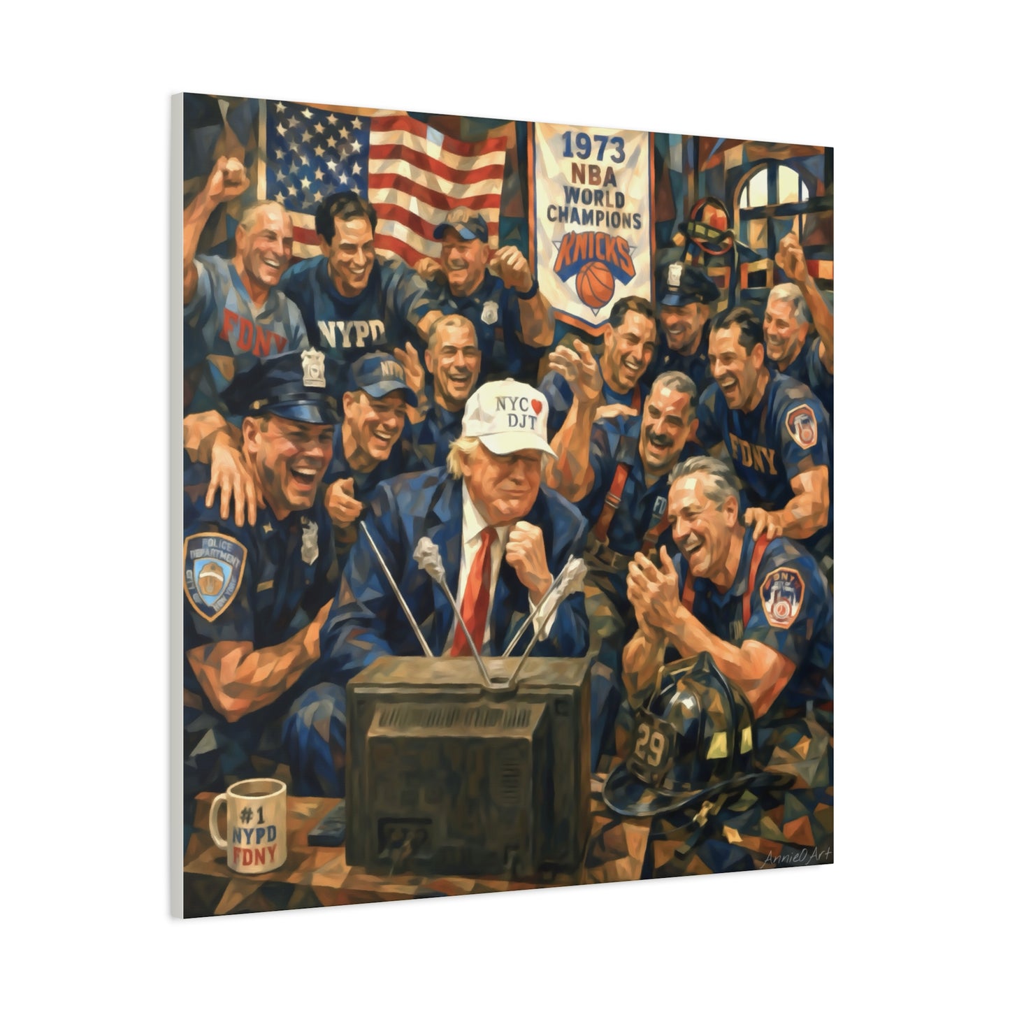 Trump Patriotic NYC Firefighters  Matte Stretched Canvas — Vintage NYPD Tribute Wall Art