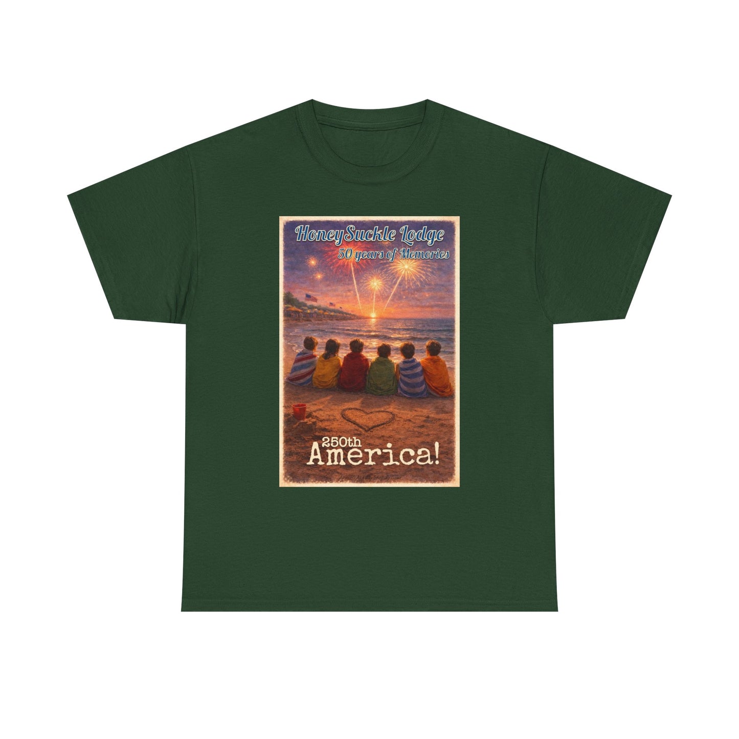 HoneySuckle Lodge 50th—Patriotic Sunset Beach T‑Shirt – 'God Bless America' Vintage Kids Watching Fireworks