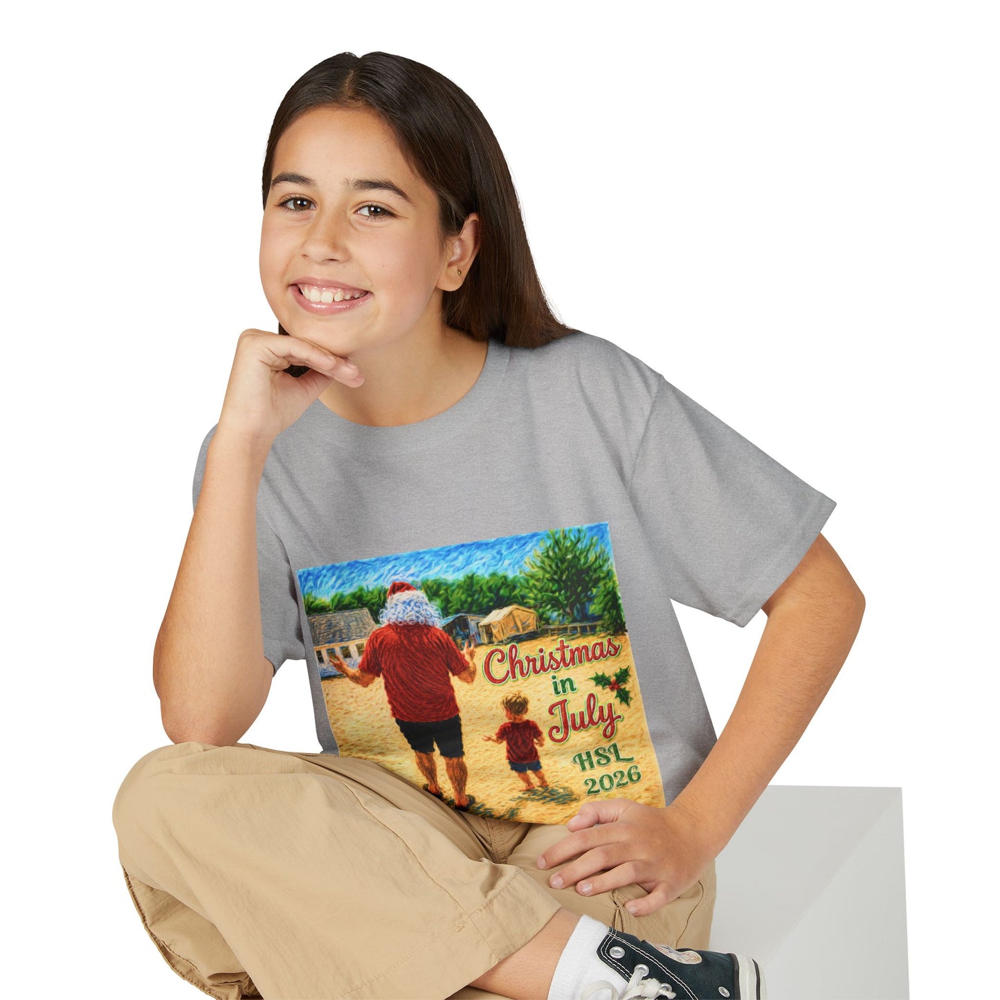 Youth T-Shirt — "Christmas in July" Beach Santa Kids Tee (HSL 2026)