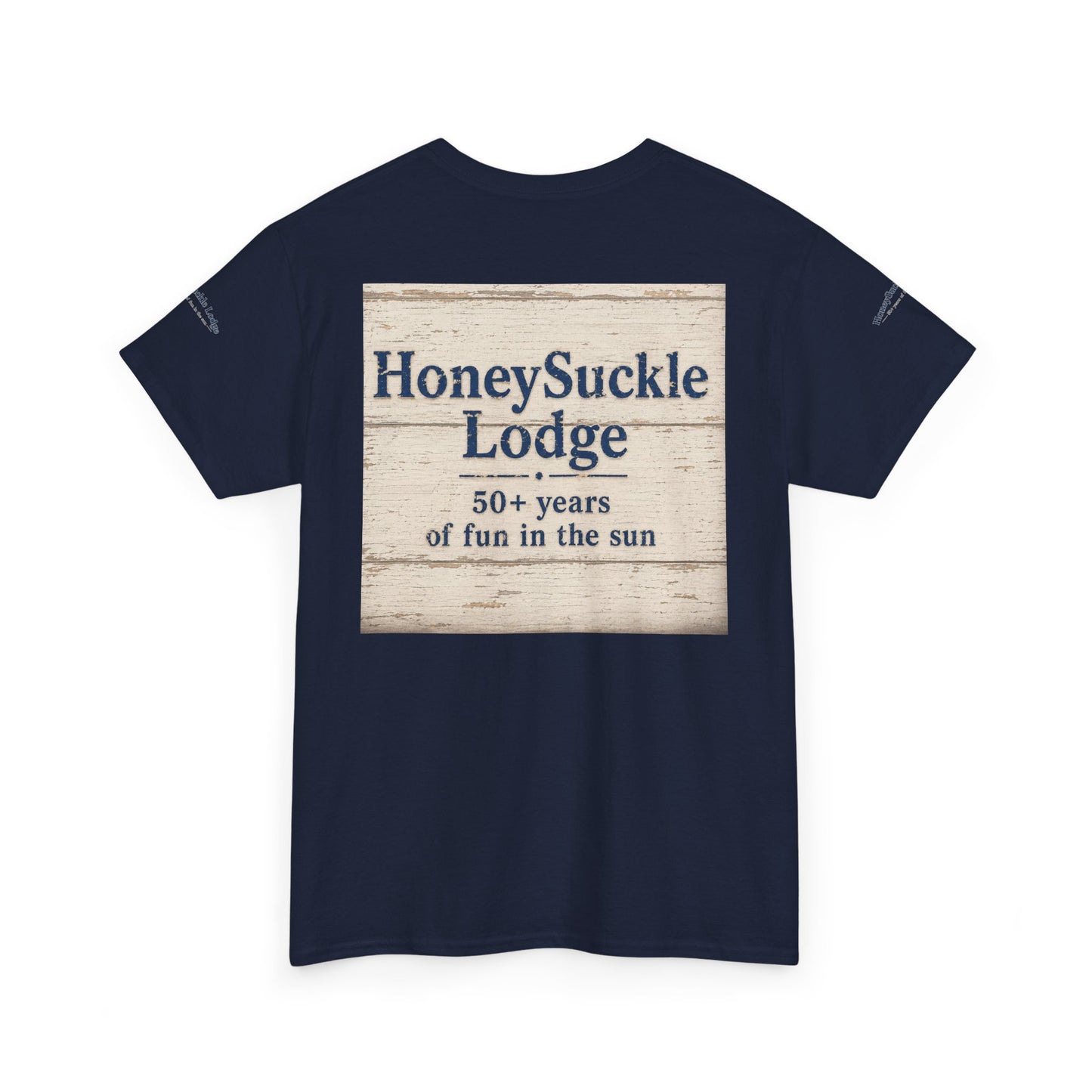 Honeysuckle Lodge Vintage Beach Print tee shirt front/back ("Honeysuckle Lodge - 50+ years of fun in the sun")