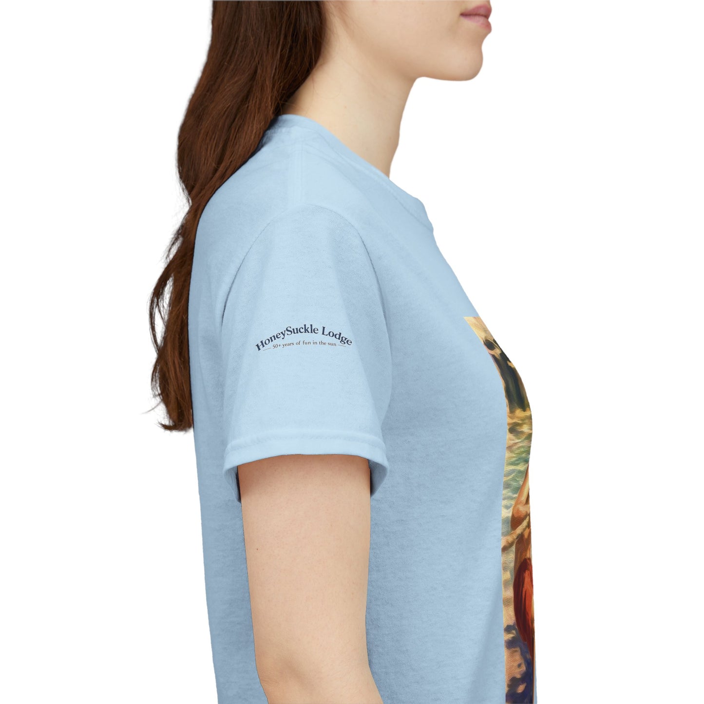 Honeysuckle Lodge Vintage Beach Print tee shirt front/back ("Honeysuckle Lodge - 50+ years of fun in the sun")