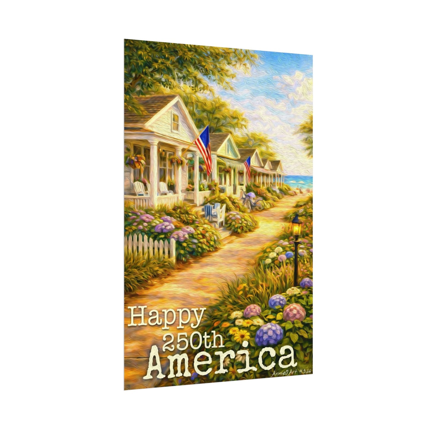 Happy 250th America Poster — Patriotic Coastal Watercolor Matte Print