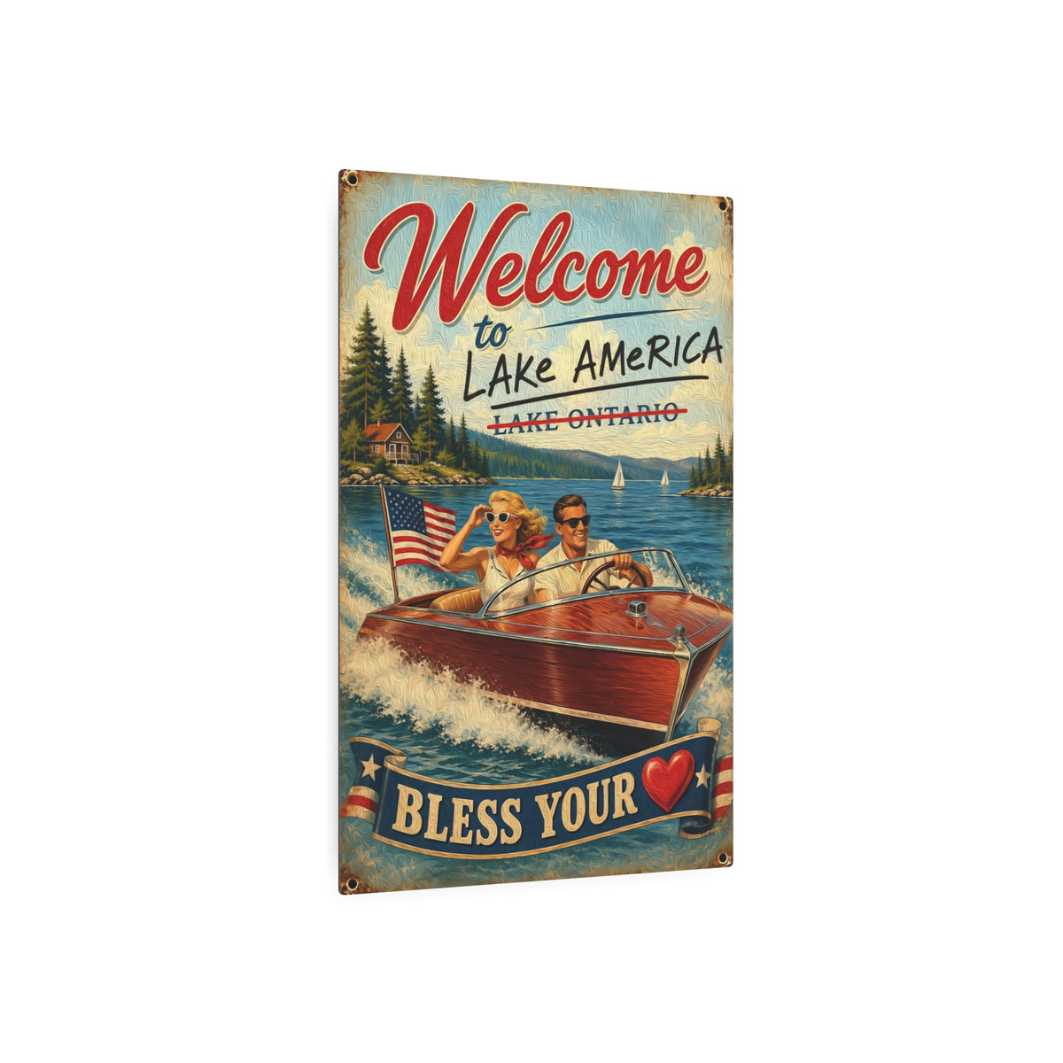 Welcome to Lake America Metal Sign – Vintage Boat Lake House Wall Art
