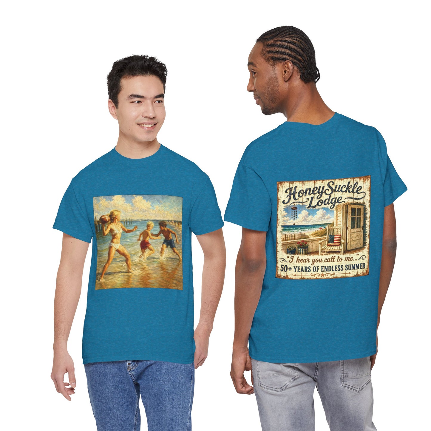 Vintage Beach T‑Shirt — 'Honeysuckle Lodge: 50+ Years of Endless Summer' Retro Seaside Tee