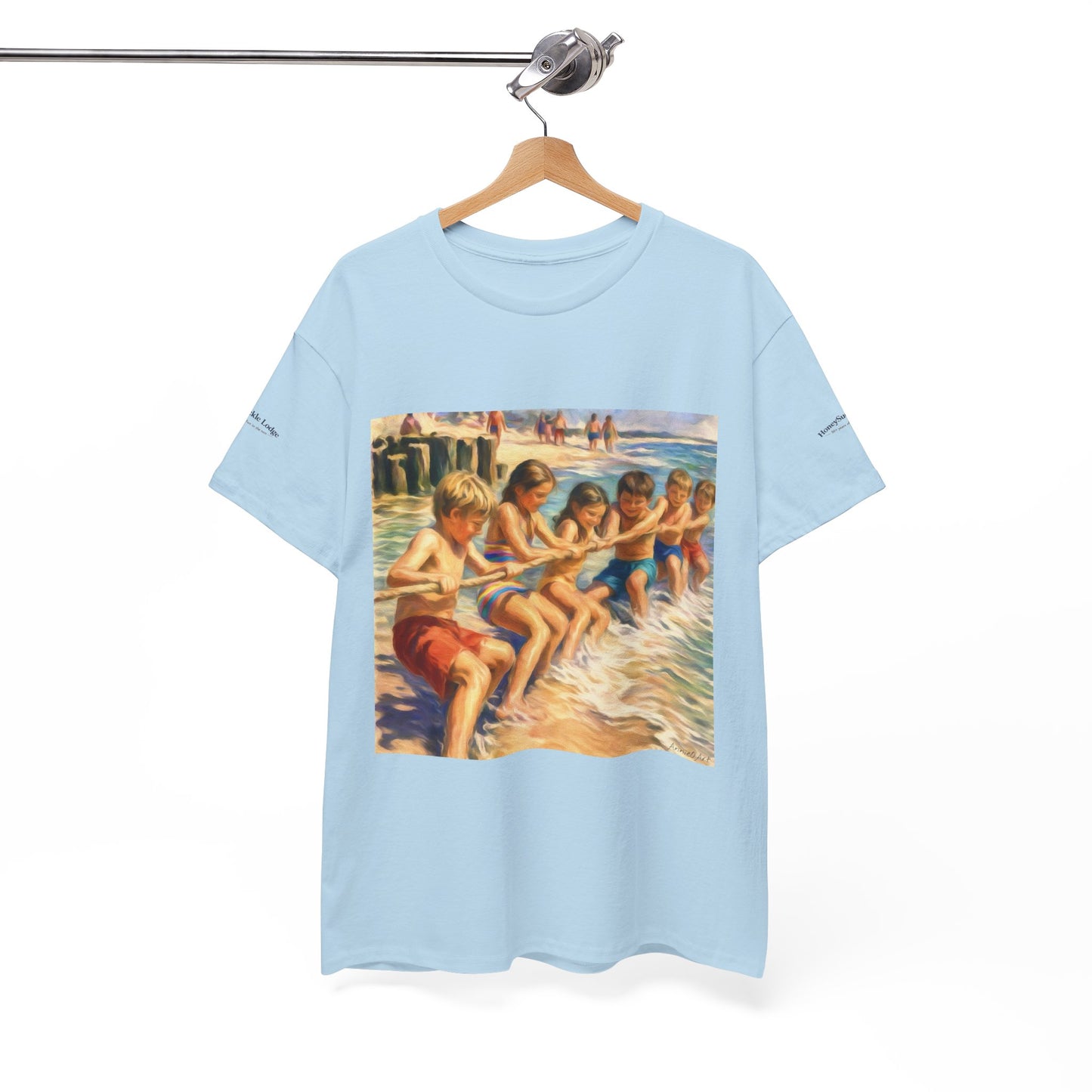 Honeysuckle Lodge Vintage Beach Print tee shirt front/back ("Honeysuckle Lodge - 50+ years of fun in the sun")