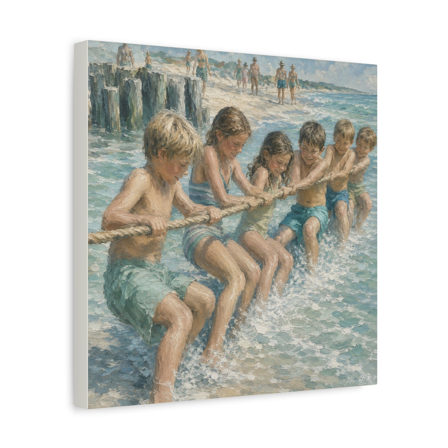 Beach Tug-of-War Matte Canvas Print — Vintage Seaside Children Wall Art