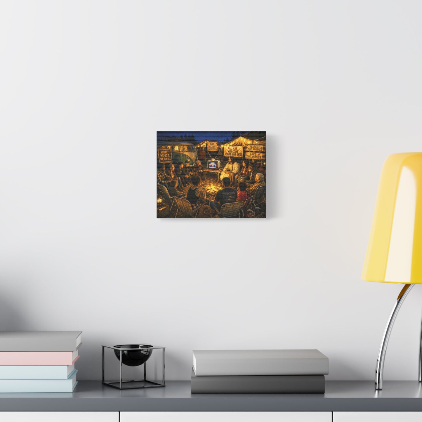 God Bless America—Campfire Fellowship Canvas Wall Art — 'All Are Welcome' Rustic Gathering Scene—MAGA—WWG1WGA