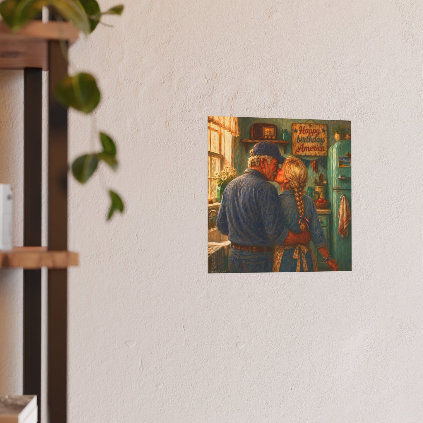 Romantic Country Kitchen Poster — Vintage Couple Kissing Satin/Matte Art Print