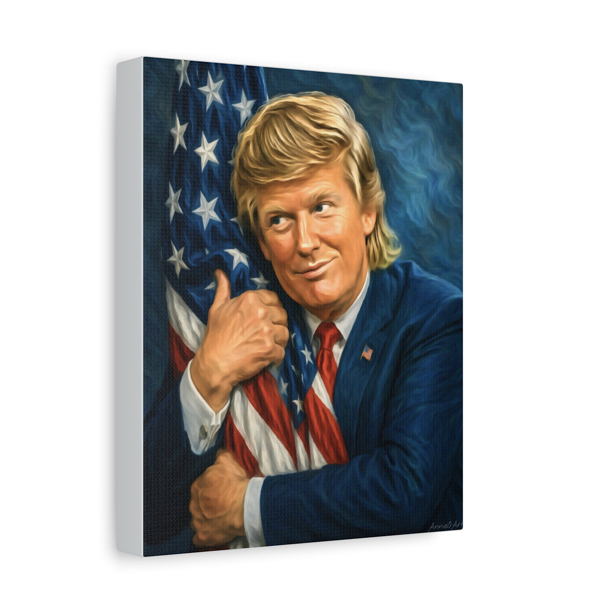 Trump Hugging American Flag— Portrait Canvas