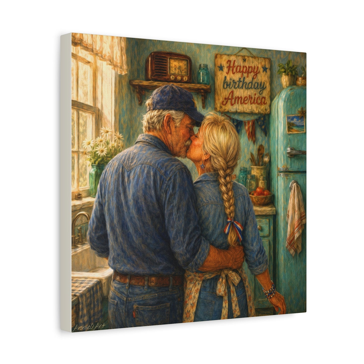 Patriotic Kitchen Romance Canvas Wall Art — "Happy Birthday America" Stretched Matte Print