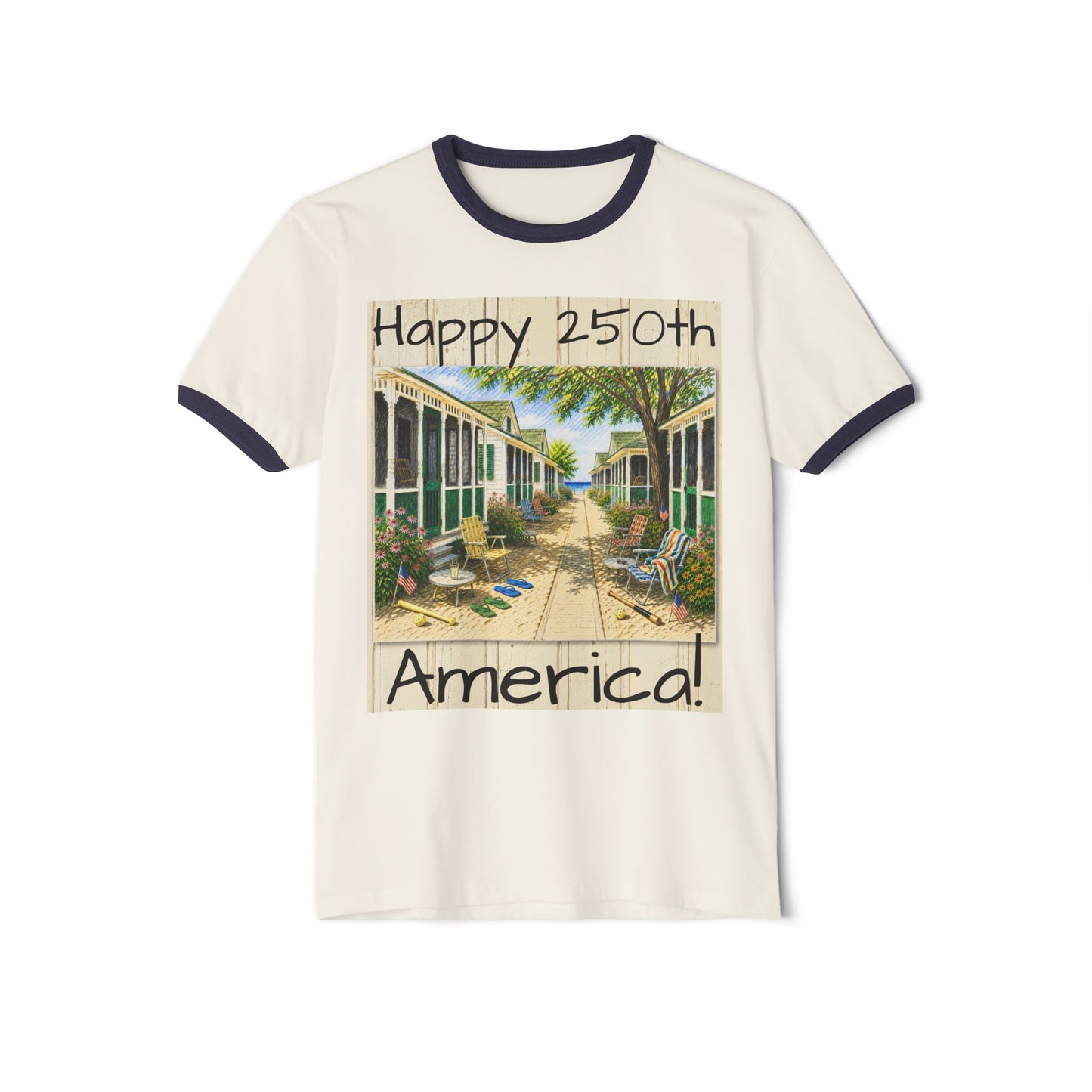 Happy 250th America Ringer T‑Shirt — Honeysuckle Lodge Vintage Beach Graphic