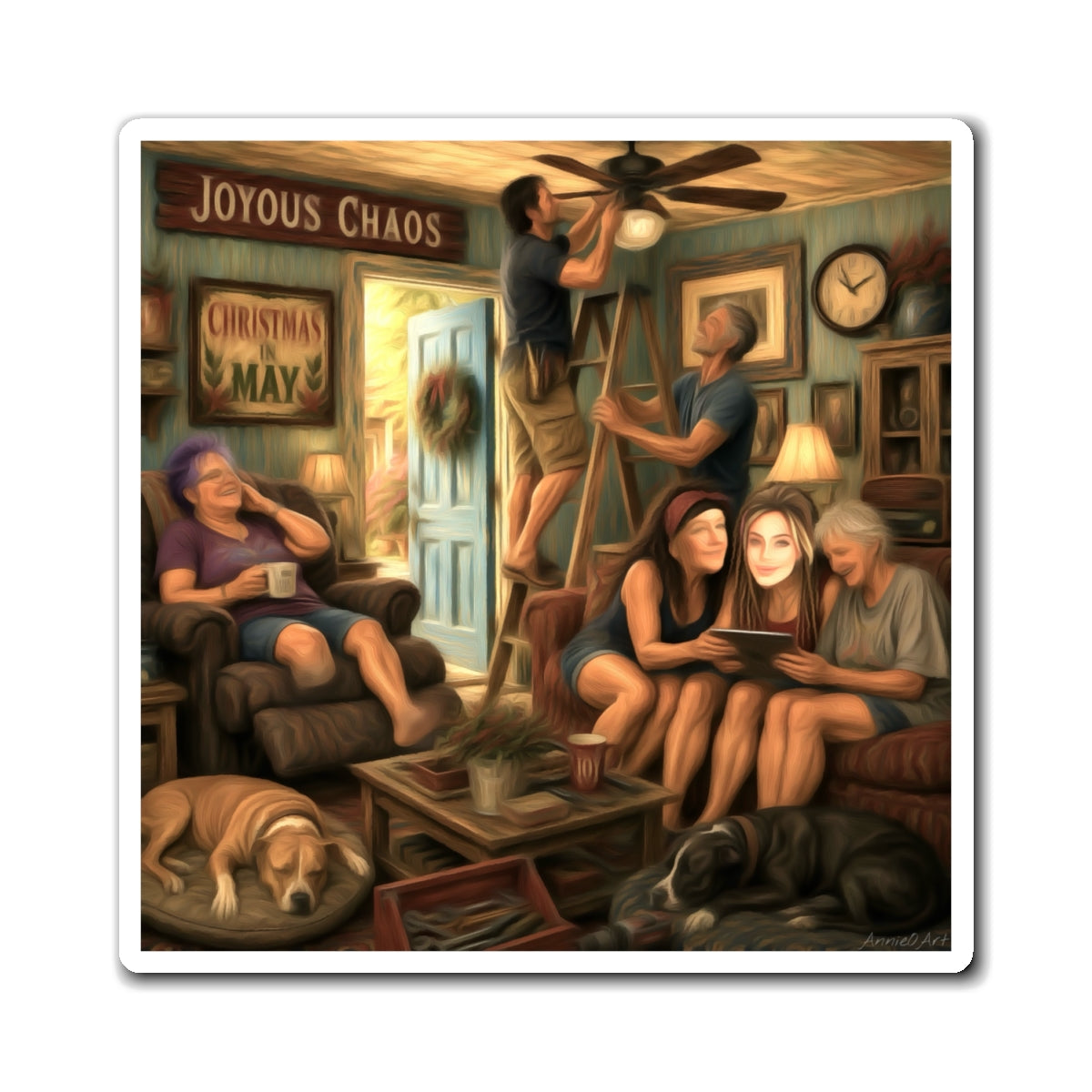 CUSTOM Joyous Chaos Family Scene Magnet — Cozy Holiday Family Refrigerator Decor