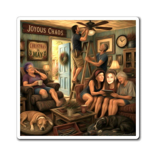 CUSTOM Joyous Chaos Family Scene Magnet — Cozy Holiday Family Refrigerator Decor