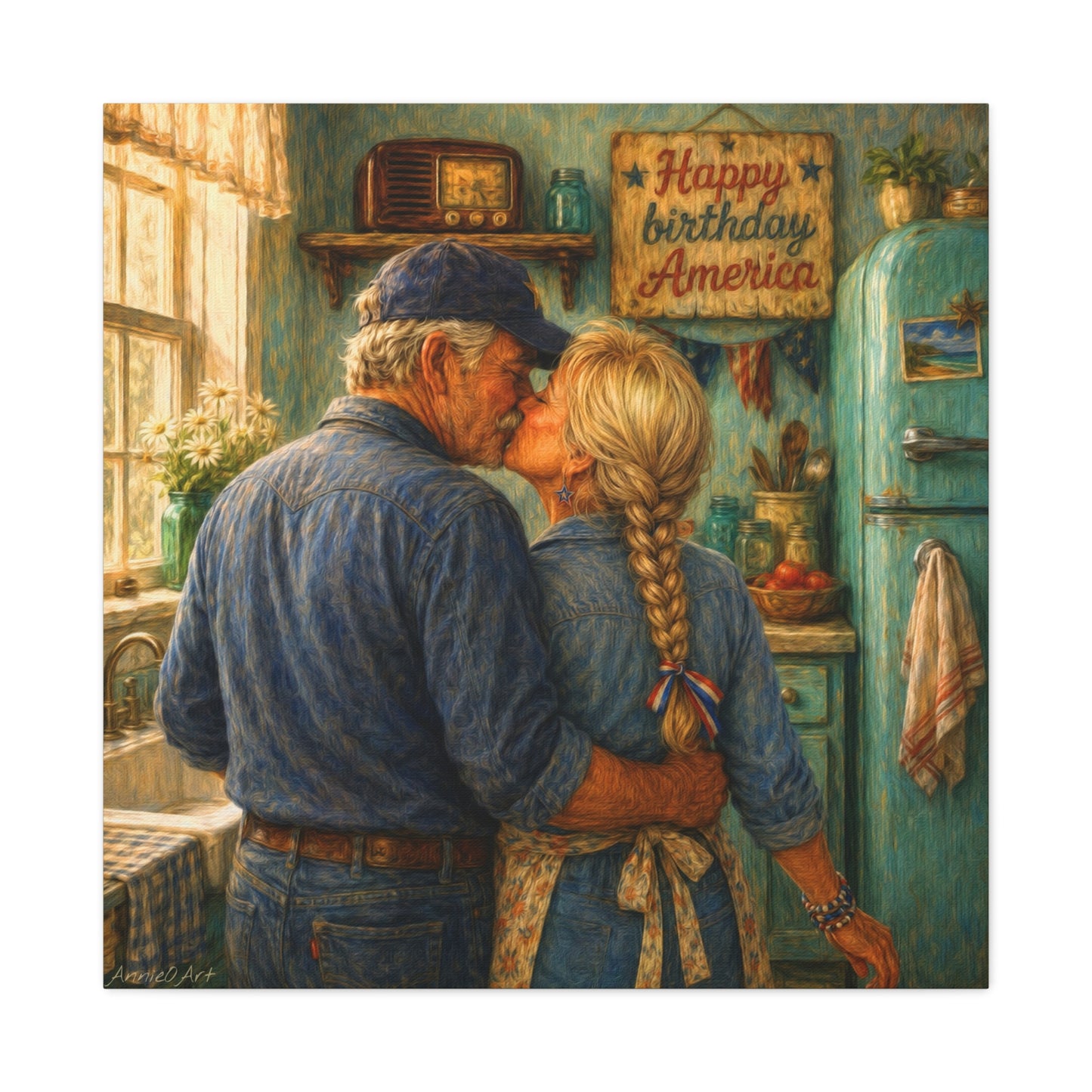 Patriotic Kitchen Romance Canvas Wall Art — "Happy Birthday America" Stretched Matte Print
