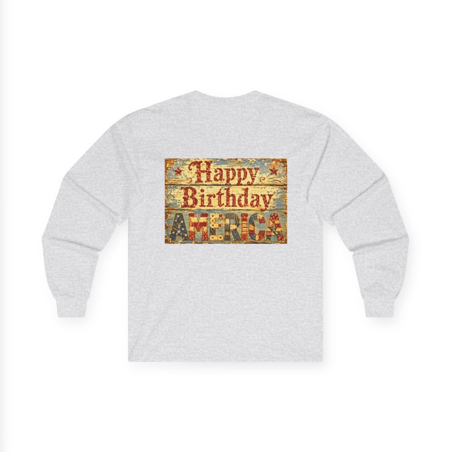 Long Sleeve Tee Front & Back Design — Vintage Americana Beach Scene & “Happy Birthday America”