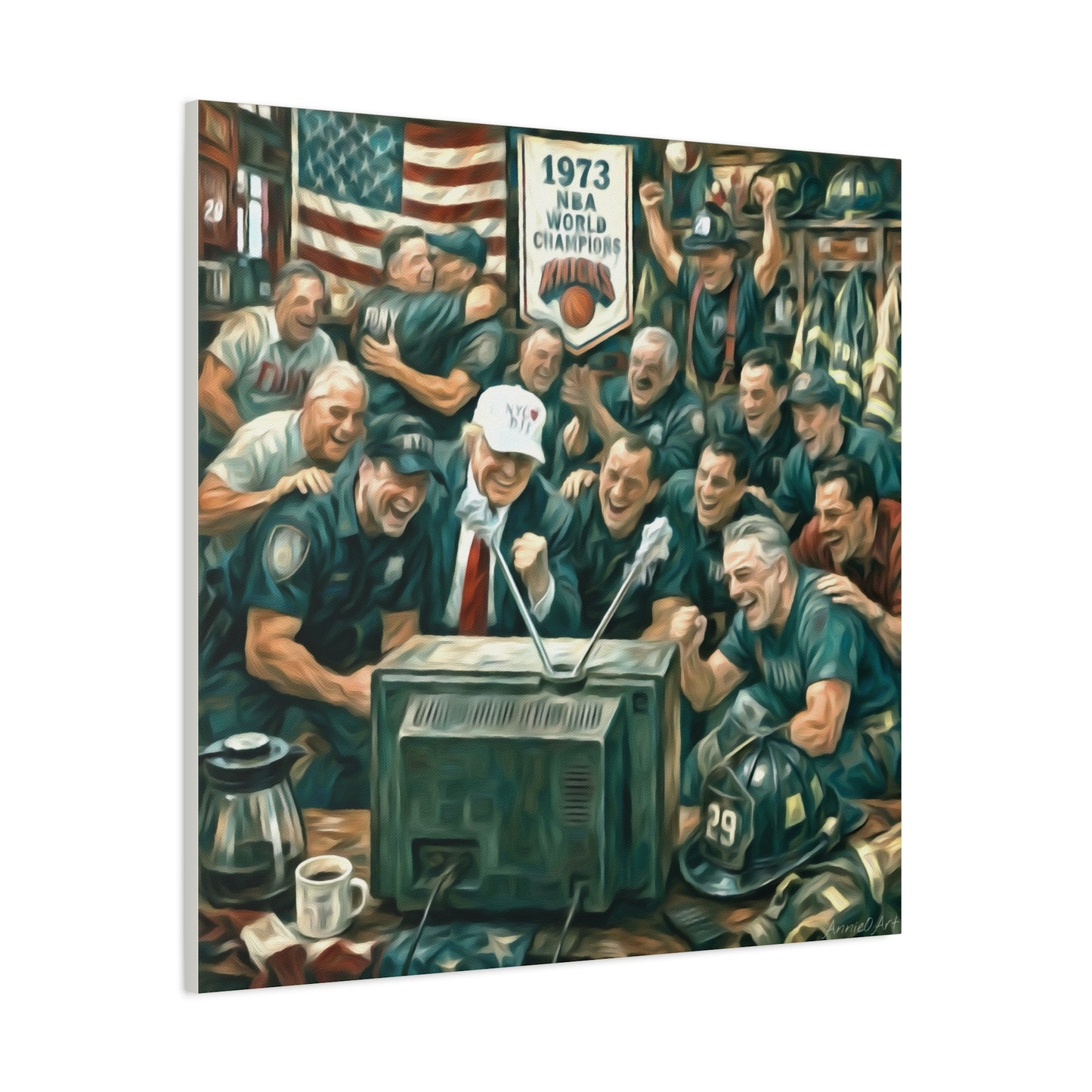 Trump Watching Knicks Game w/ FDNY &NYPD (Knicks 1973 Banner)