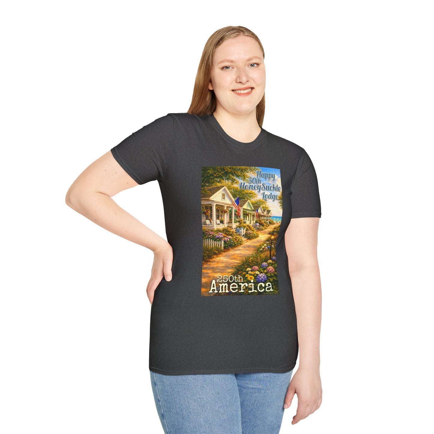 HoneySuckle Lodge 50th—America 250th Bungalow Path T-Shirt —Front & Back Design- Happy 250th Anniversary USA Patriotic Tee
