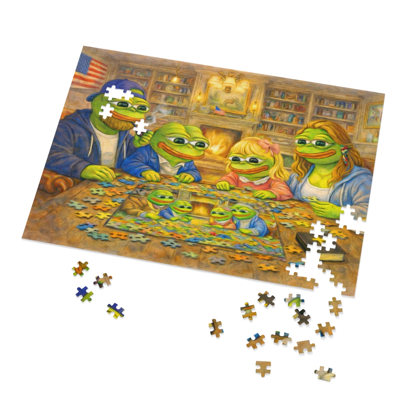 Family Game Night Jigsaw Puzzle with Tin — Cozy Cabin Pepe Frog Scene