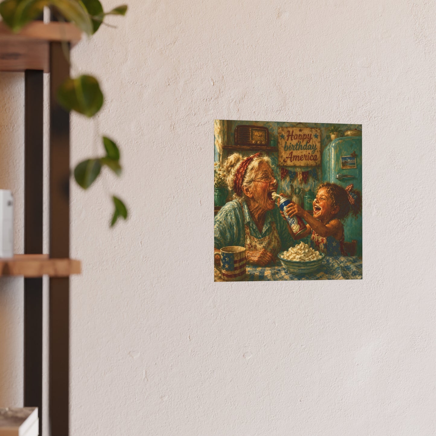 Happy Birthday America Poster — Vintage Grandma & Child Kitchen Art (Satin/Matte)