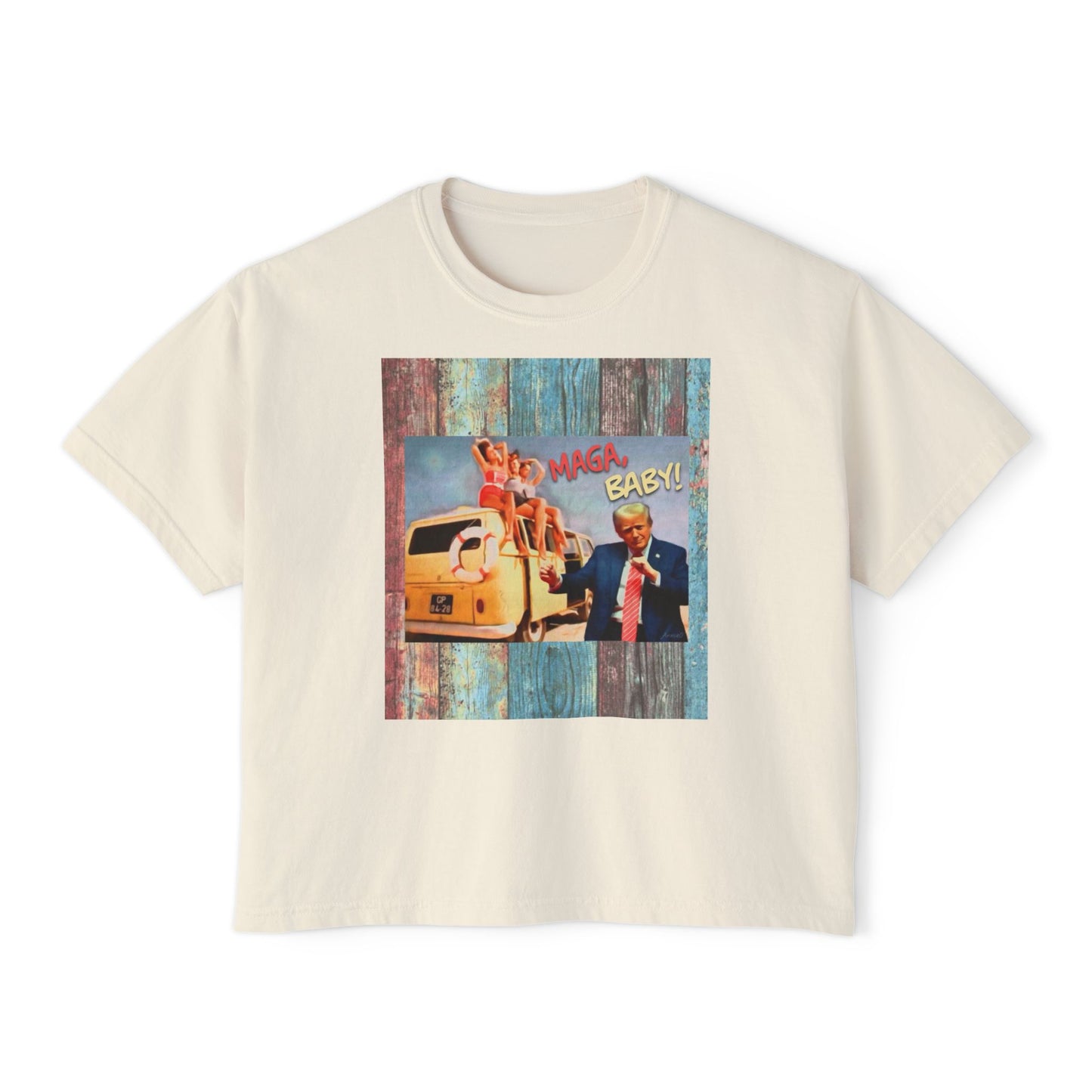 Beach scene w DJT dancing Retro VW van “MAGA, baby!” —Graphic Boxy Tee — Vintage Roadtrip/Rally tee Women's Shirt