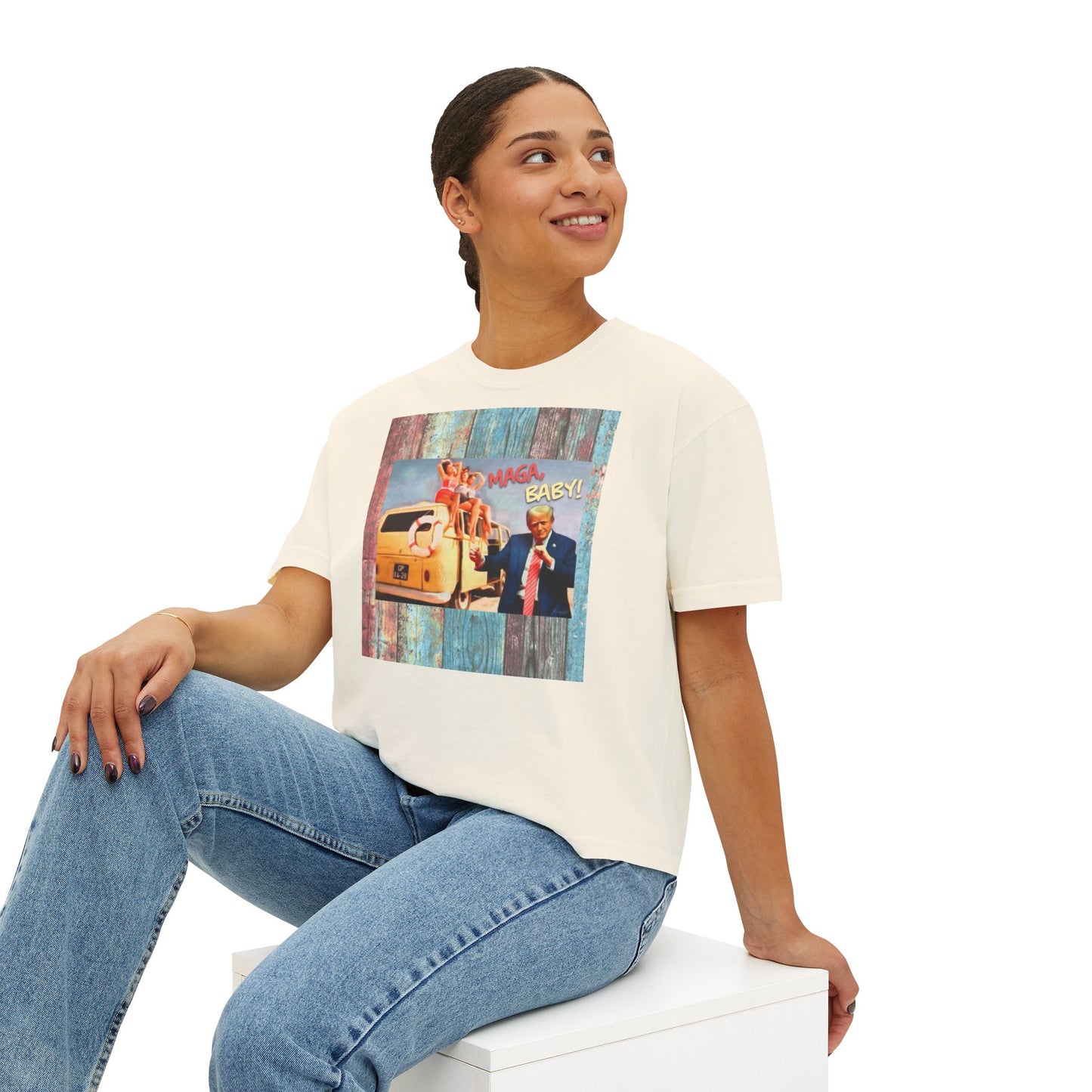 Beach scene w DJT dancing Retro VW van “MAGA, baby!” —Graphic Boxy Tee — Vintage Roadtrip/Rally tee Women's Shirt