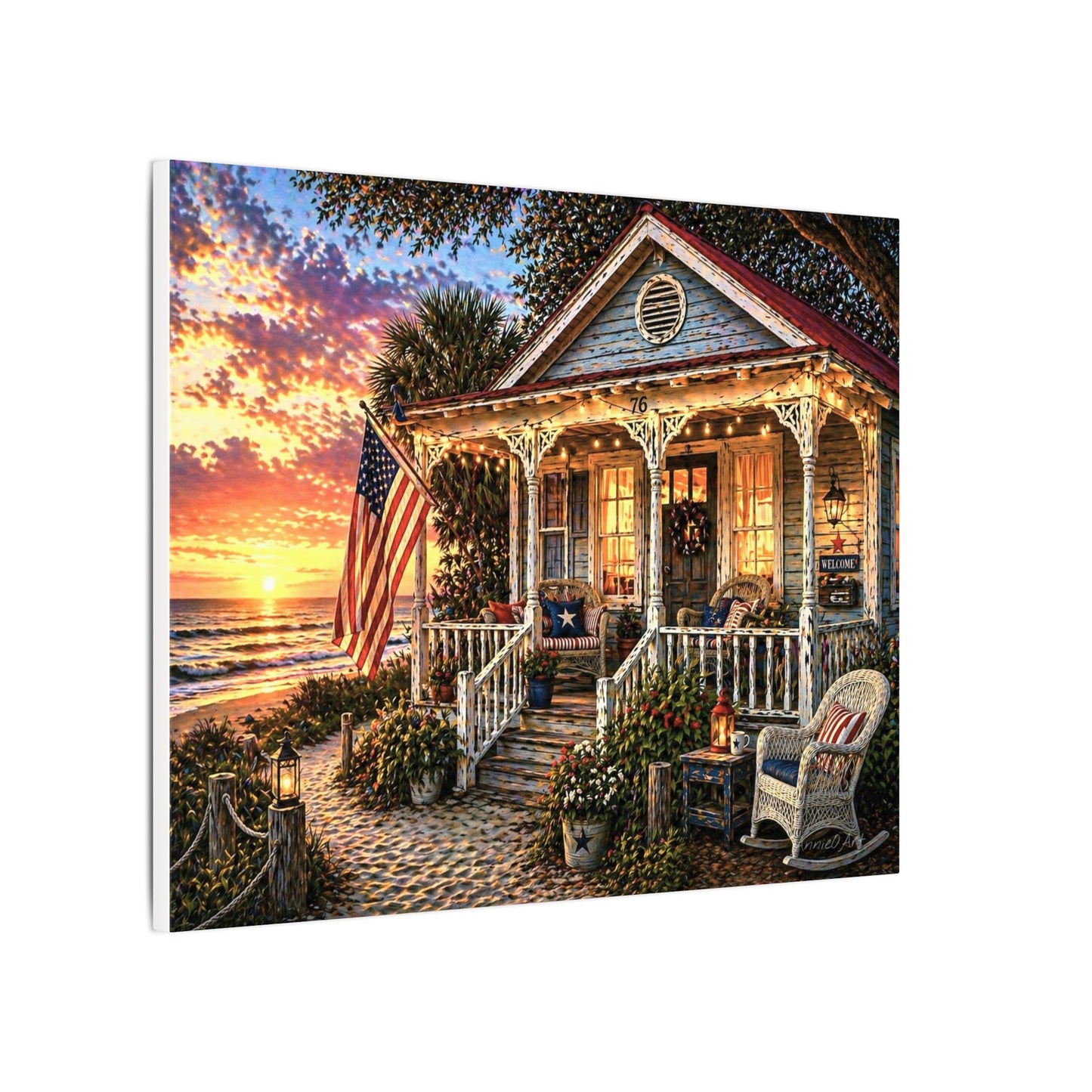 Front Porch America—Patriotic Beach Cottage Canvas Wall Art — Sunset Porch Scene
