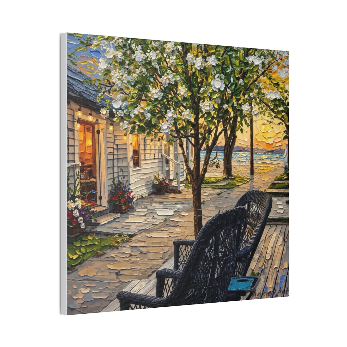 Bungalow Porch Canvas Wall Art — Sunny Cottage Sunset Stretched Canvas