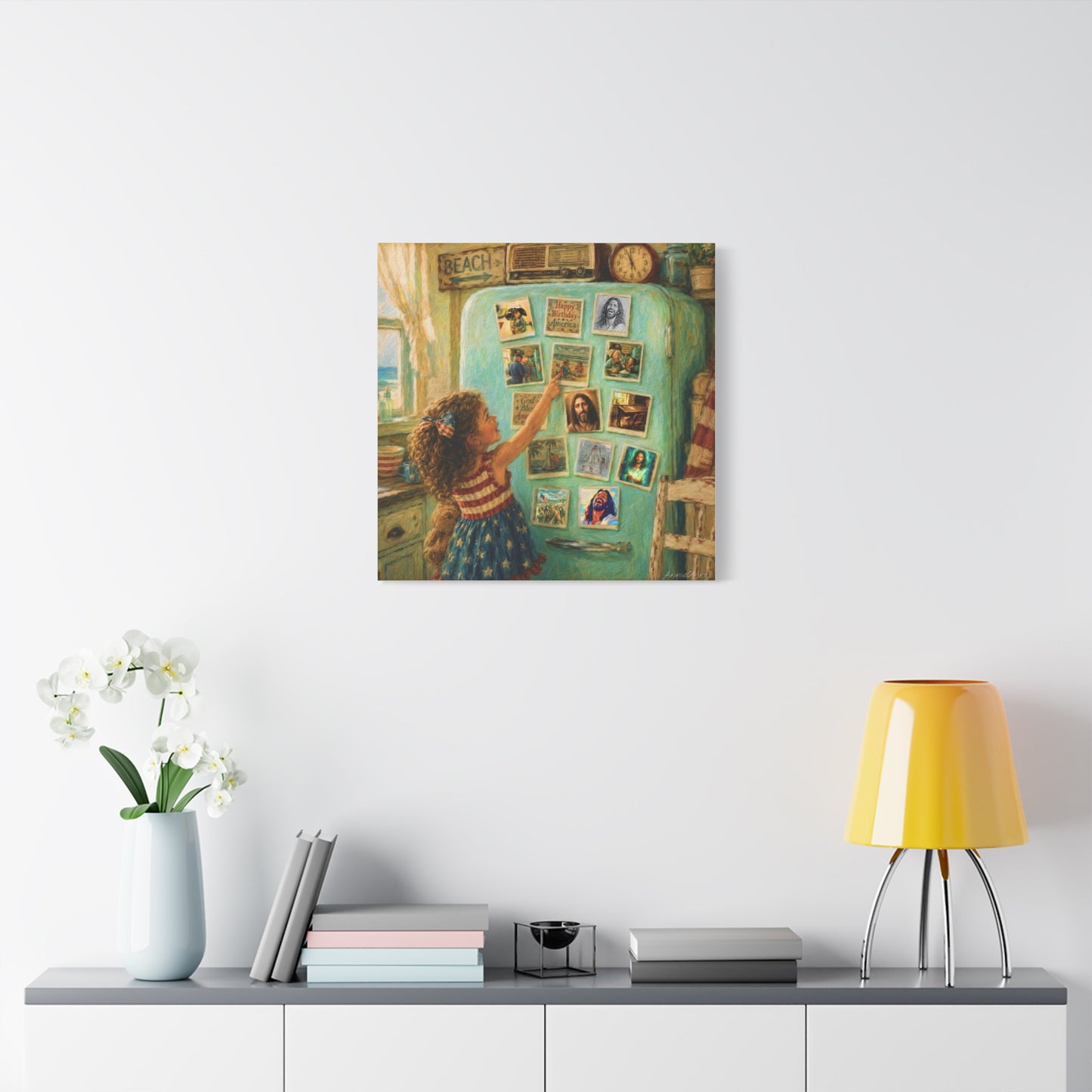 Americana Canvas Wall Art — Little Girl Pointing at Magnets on Vintage Fridge (Matte Stretched)