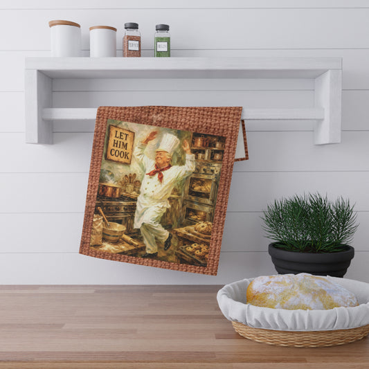 Trump Chef Dancing Kitchen Tea Towel – 'Let Him Cook' Vintage Culinary Decor