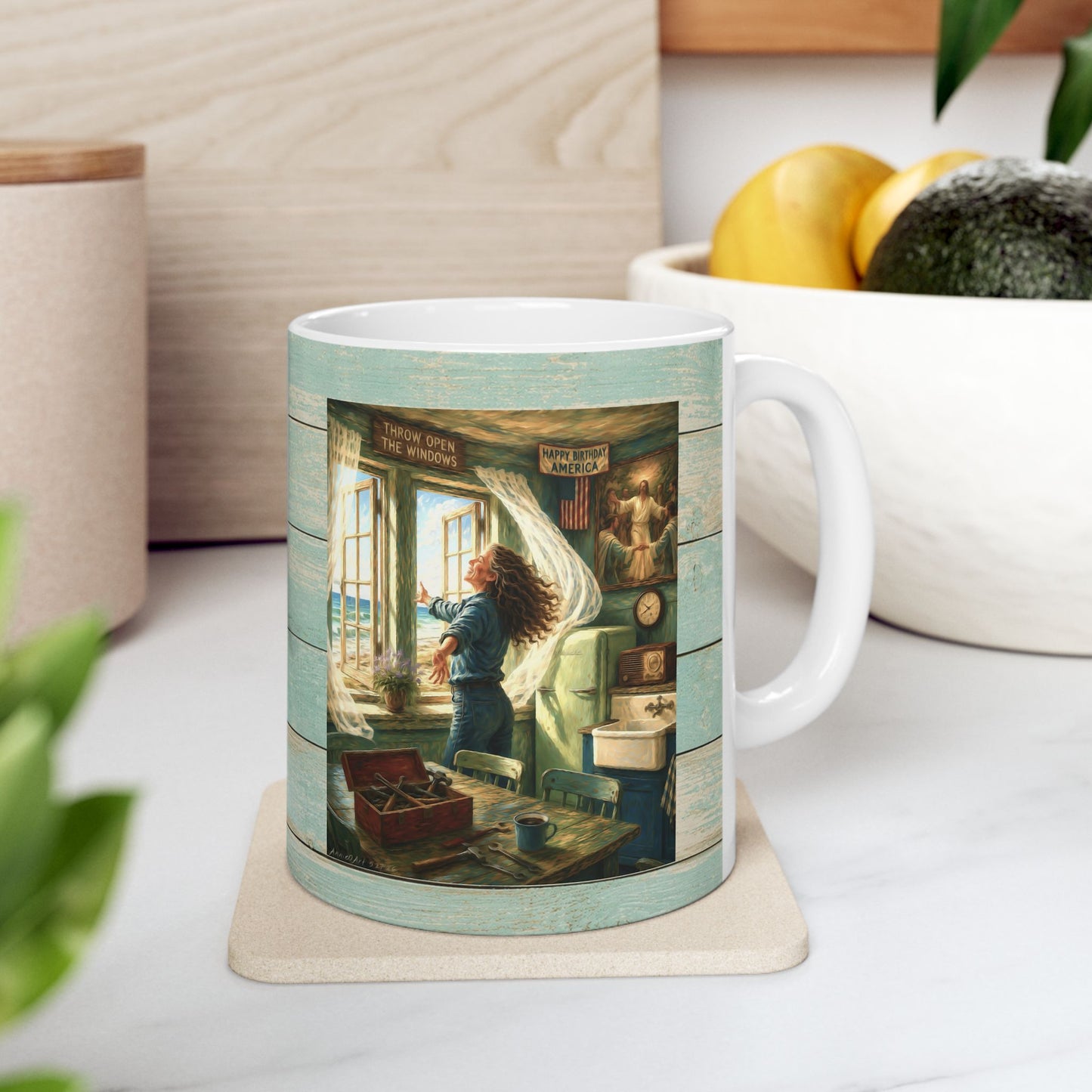Coastal Vintage Beach Cottage Ceramic Mug — Seaside Window & Shells Design (11oz/15oz)