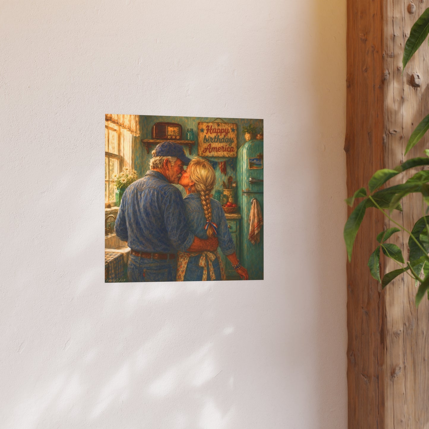Romantic Country Kitchen Poster — Vintage Couple Kissing Satin/Matte Art Print
