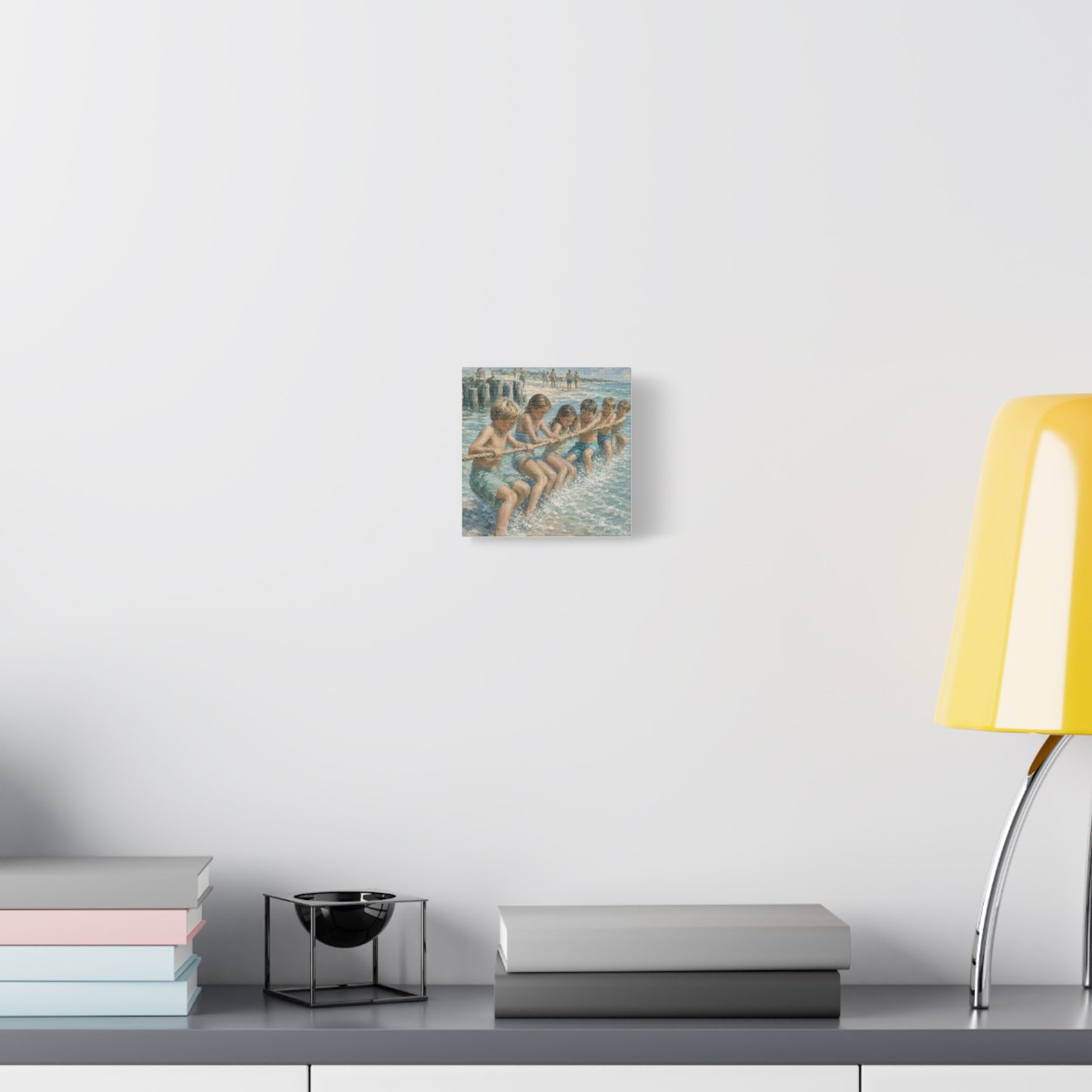 Beach Tug-of-War Matte Canvas Print — Vintage Seaside Children Wall Art