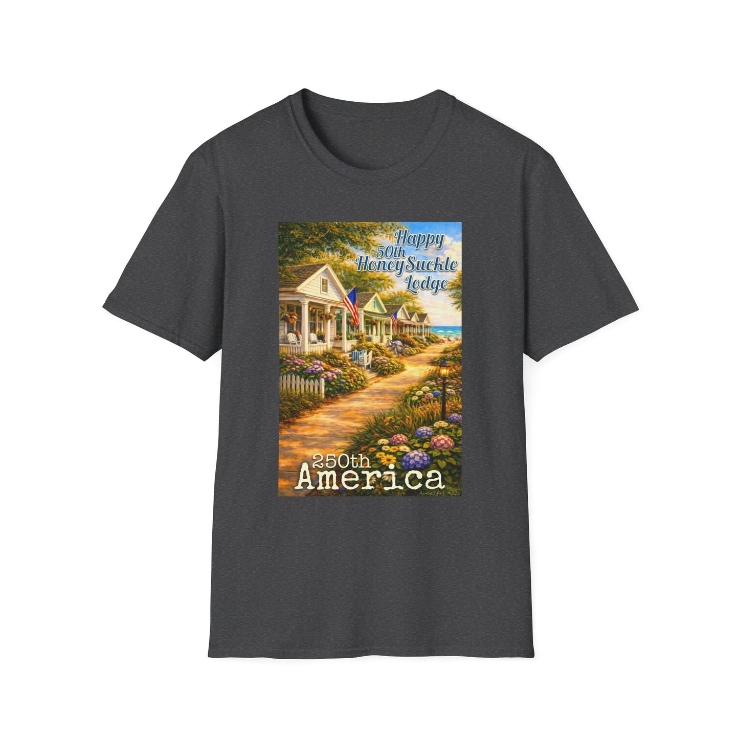 HoneySuckle Lodge 50th—America 250th Bungalow Path T-Shirt —Front & Back Design- Happy 250th Anniversary USA Patriotic Tee