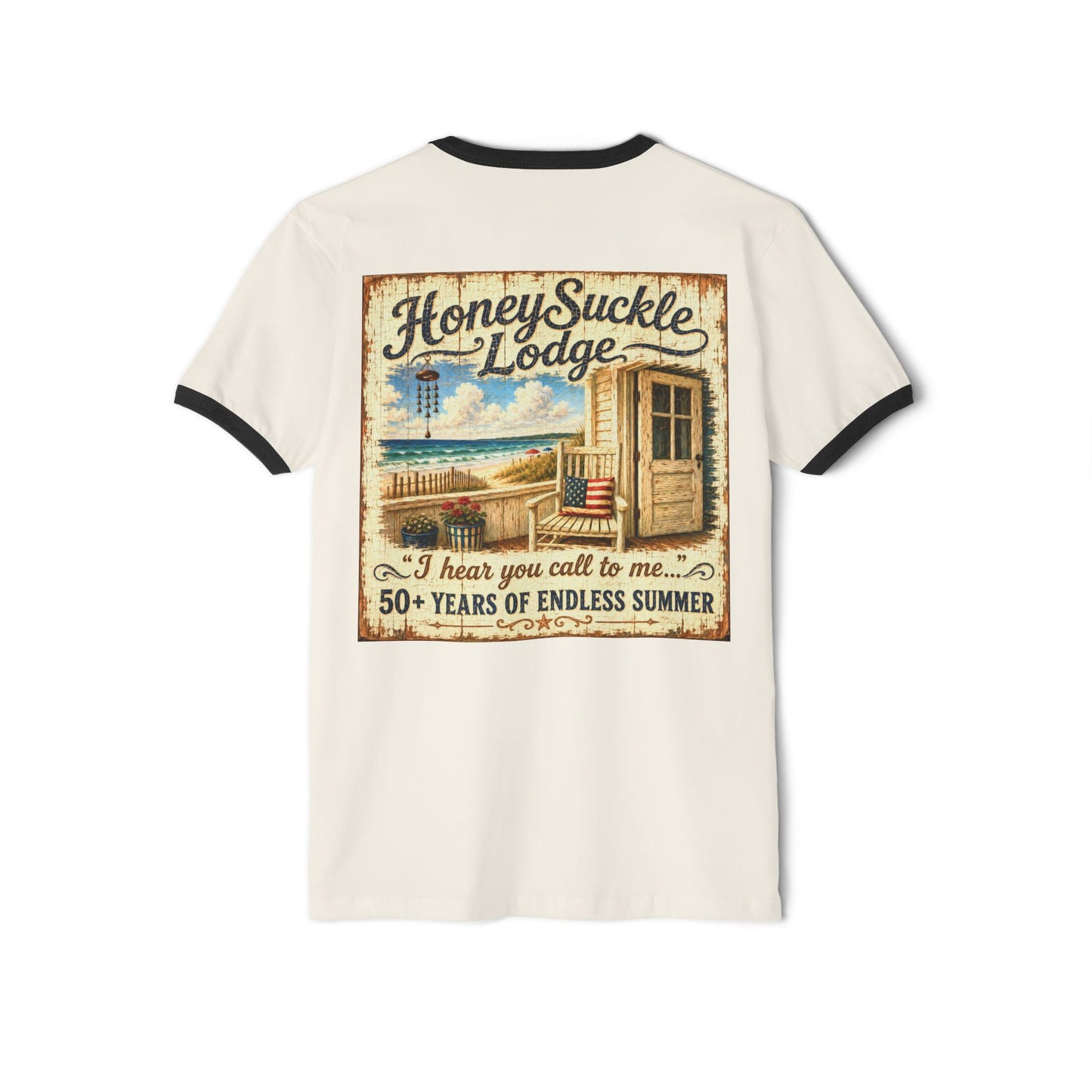 Happy 250th America Ringer T‑Shirt — Honeysuckle Lodge Vintage Beach Graphic