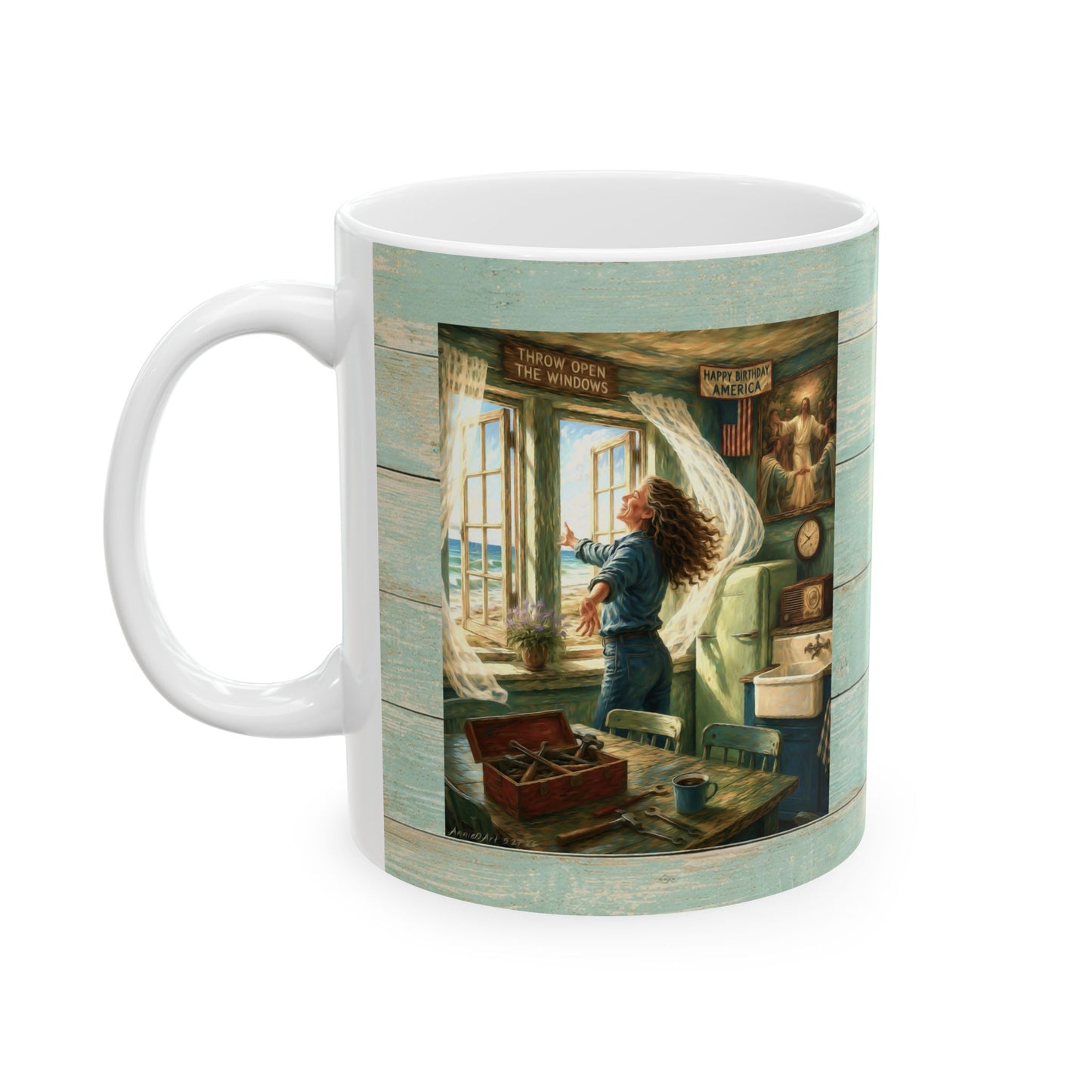Coastal Vintage Beach Cottage Ceramic Mug — Seaside Window & Shells Design (11oz/15oz)