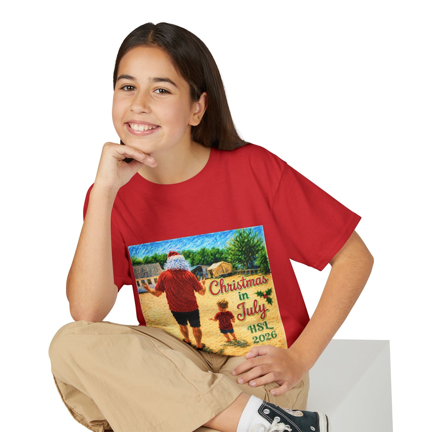 Youth T-Shirt — "Christmas in July" Beach Santa Kids Tee (HSL 2026)