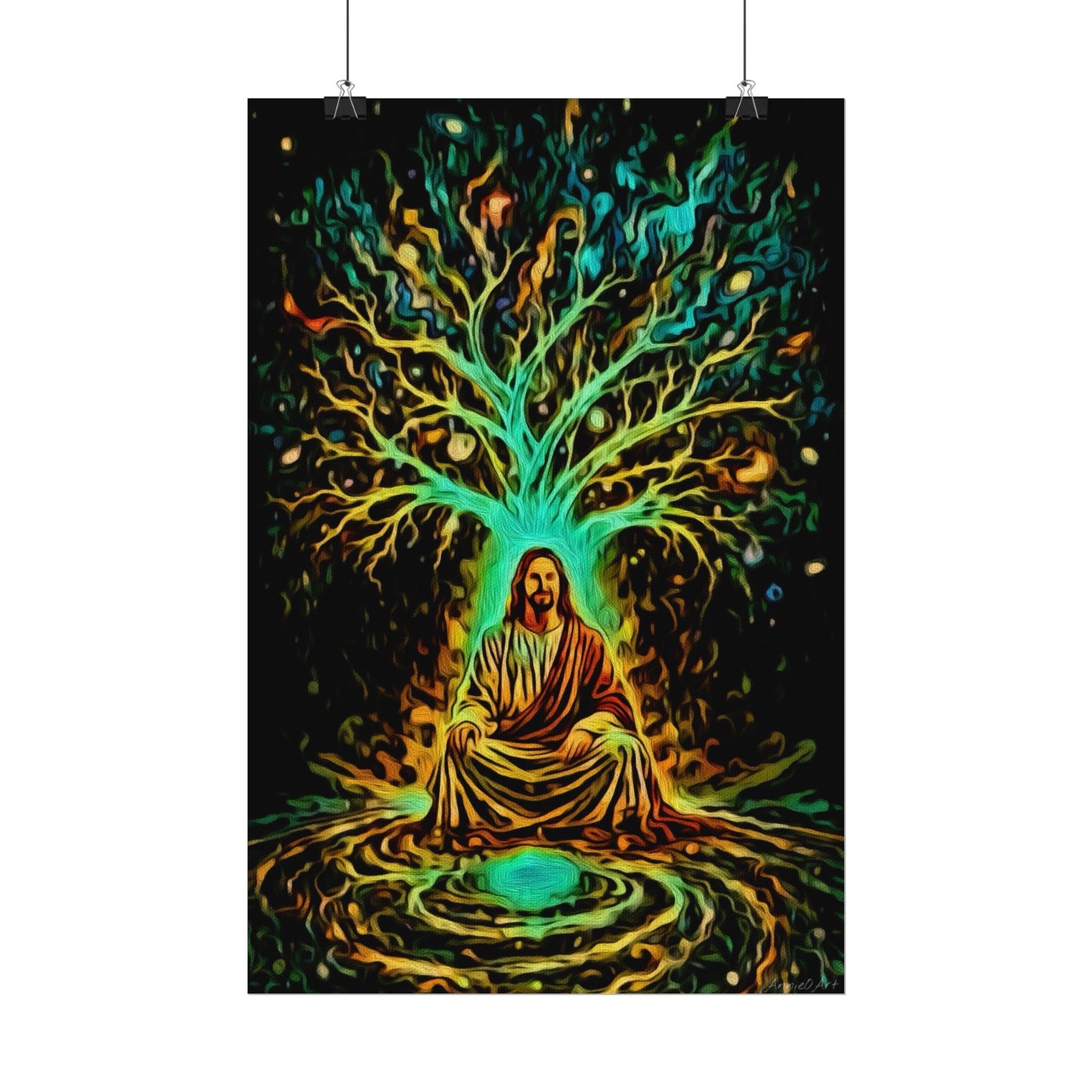 Spiritual Jesus Tree Watercolor Poster — Textured Matte Wall Art