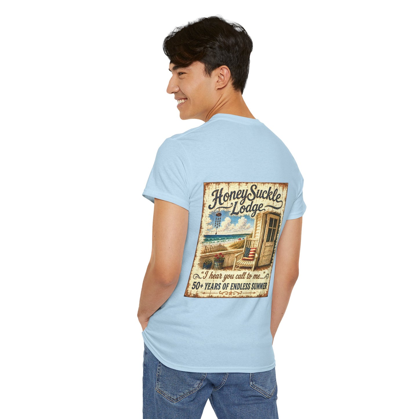Vintage Beach T‑Shirt — 'Honeysuckle Lodge: 50+ Years of Endless Summer' Retro Seaside Tee
