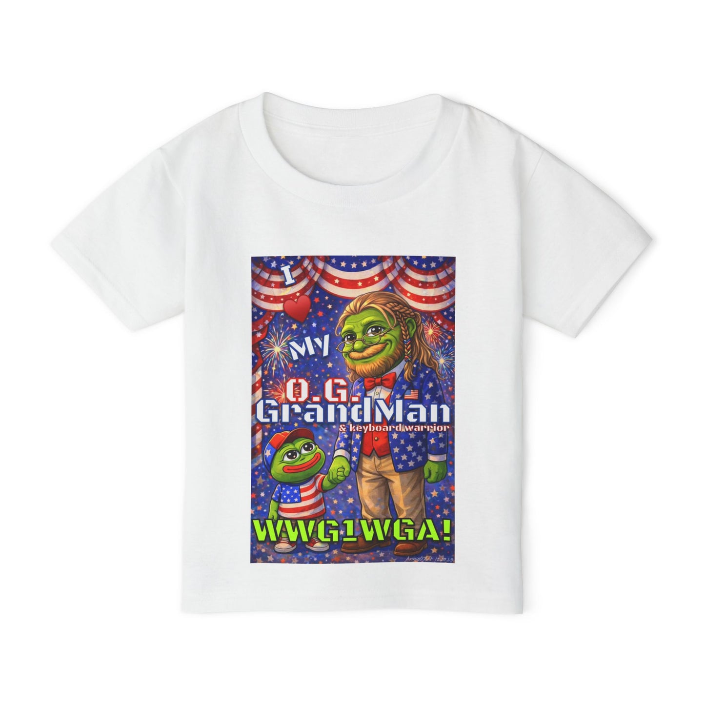 GrandMan/Grandpa Anons & Keyboard Warriors — "I ♥️ My O.G. GrandMan" Patriotic Frog Kids Tee (WWG1WGA)