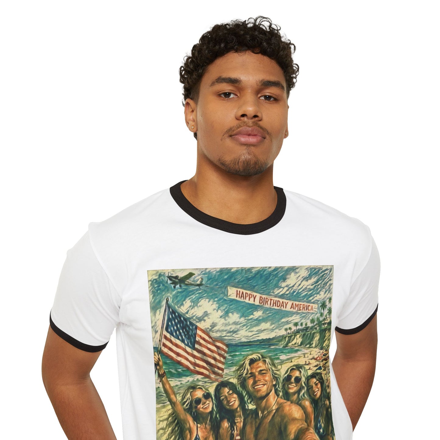 Patriotic "Happy Birthday America"—Front & Back Design Ringer T-Shirt
