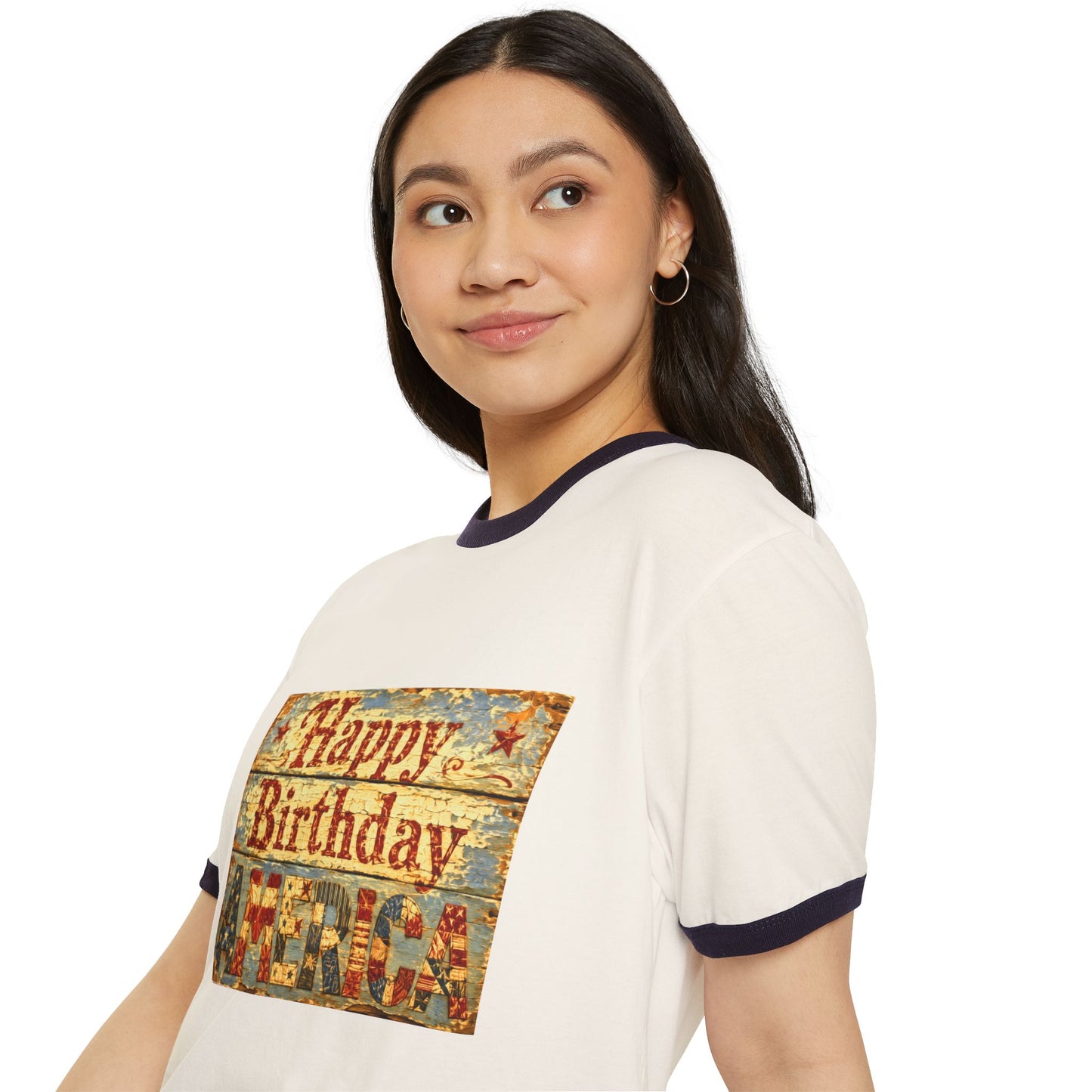 Happy Birthday America Ringer T-Shirt — Vintage Patriotic Couple Design