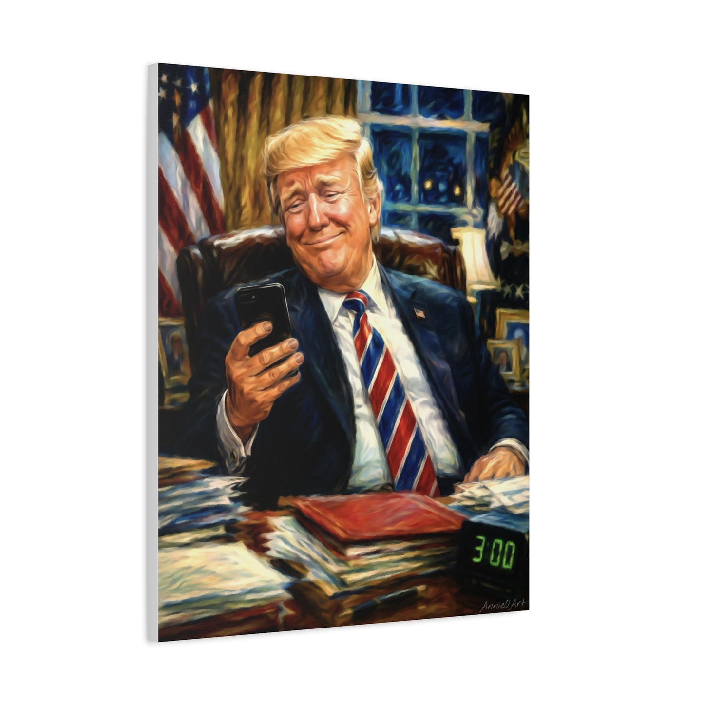 Trump Reading “Keyboard Warrior’ Memes at 3 AM— Patriotic Office Portrait Canvas—