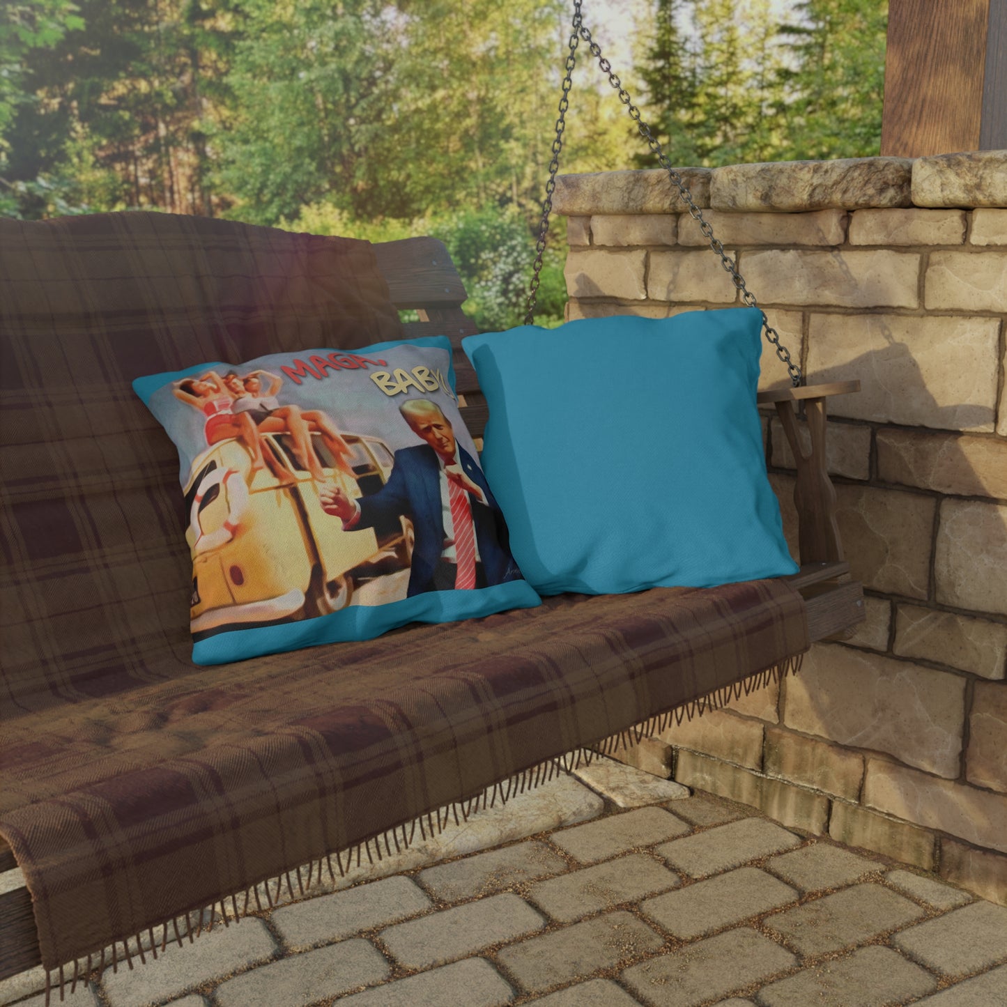 Political Graphic Outdoor Pillow — "MAGA, Baby!" Retro Beach Design