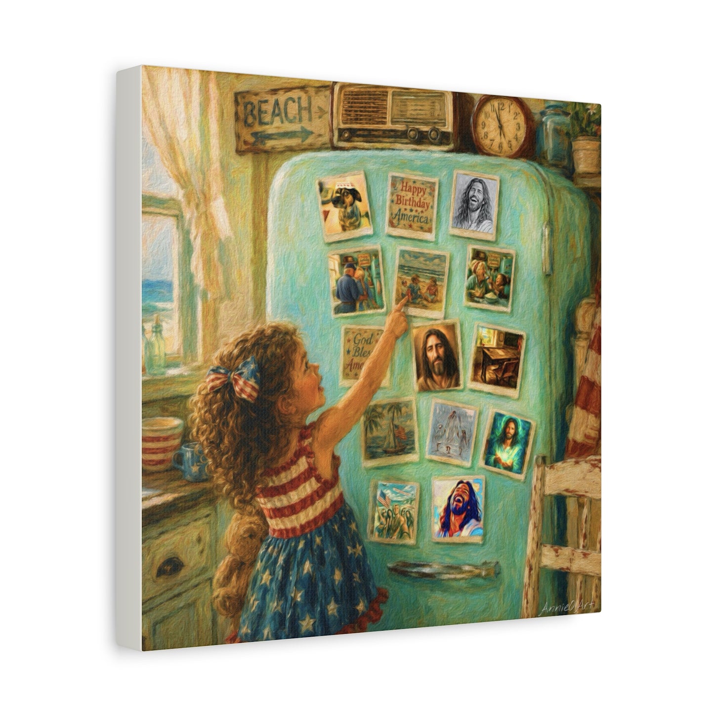 Americana Canvas Wall Art — Little Girl Pointing at Magnets on Vintage Fridge (Matte Stretched)