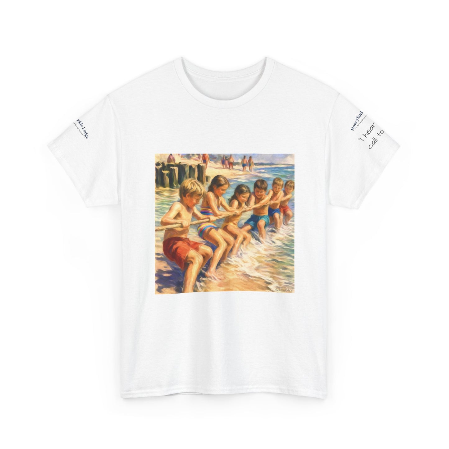 HoneySuckle Lodge Vintage Beach T-Shirt — "50+ years of fun in the sun" Retro Kids on Shore Design