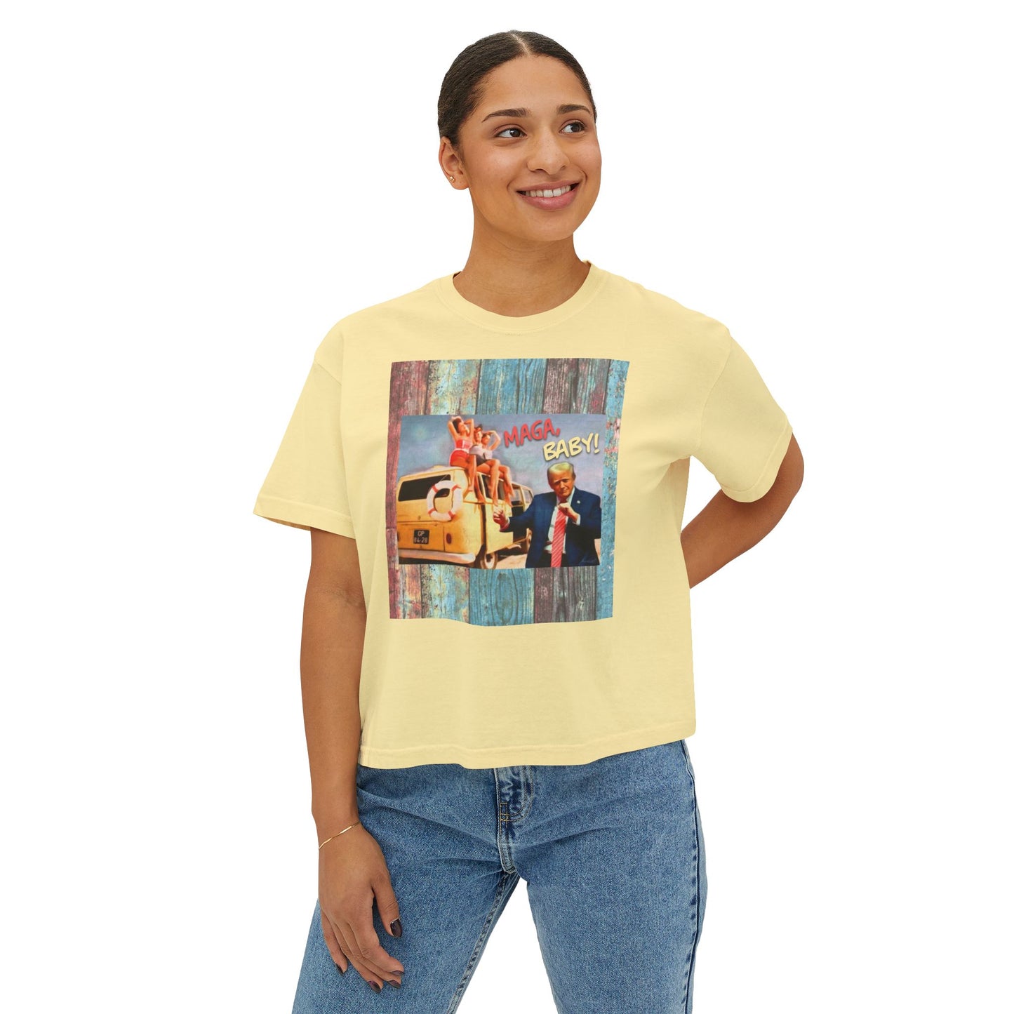 Beach scene w DJT dancing Retro VW van “MAGA, baby!” —Graphic Boxy Tee — Vintage Roadtrip/Rally tee Women's Shirt