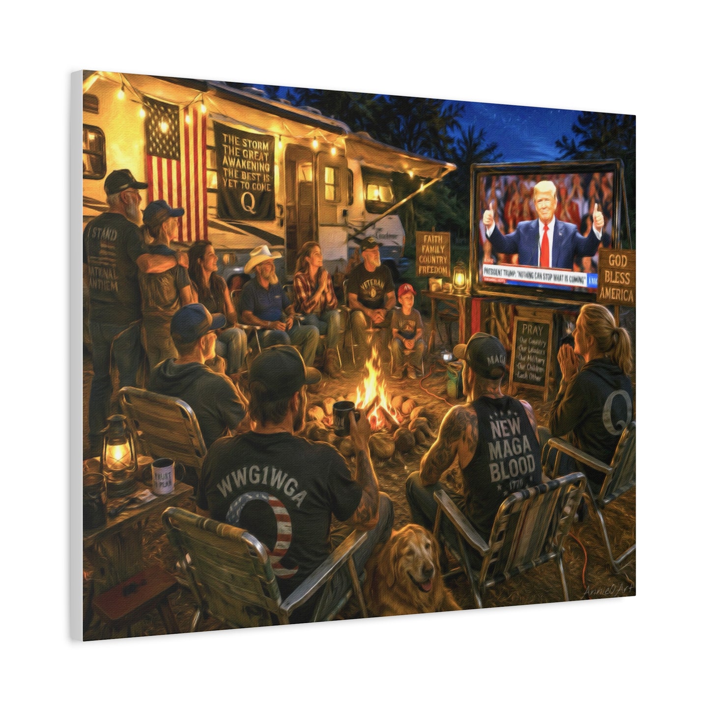 God Bless America—Campfire Scene Matte Canvas Wall Art - Patriotic RV Gathering with Trump TV—MAGA—WWG1WGA