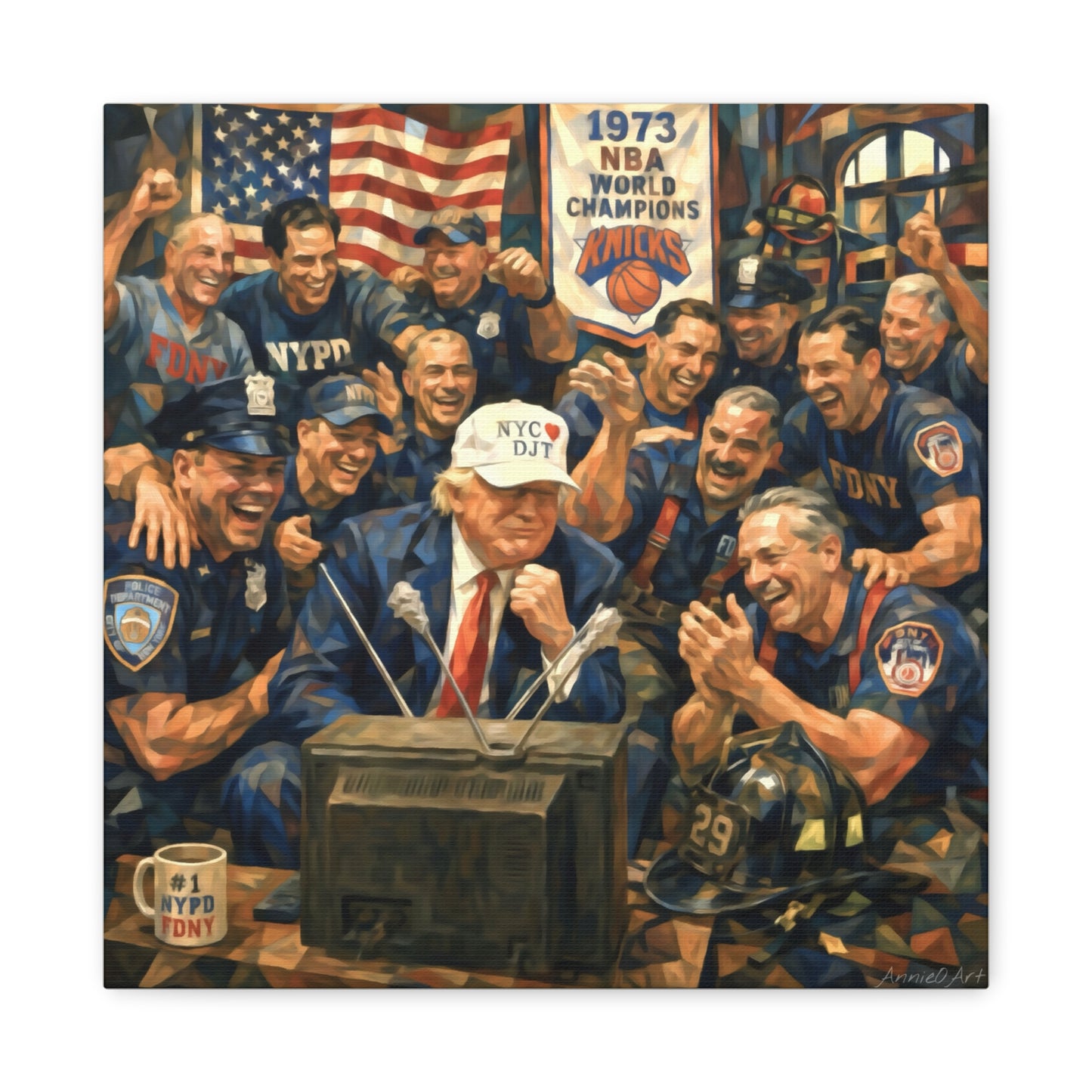 Trump Patriotic NYC Firefighters  Matte Stretched Canvas — Vintage NYPD Tribute Wall Art