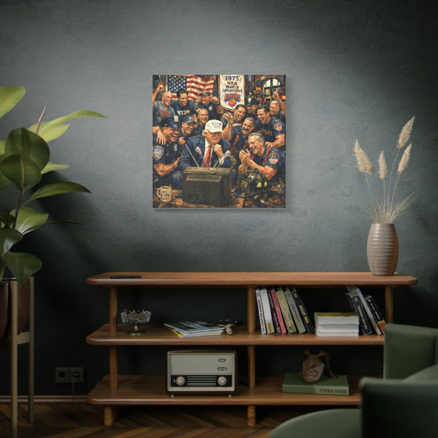 Trump Patriotic NYC Firefighters  Matte Stretched Canvas — Vintage NYPD Tribute Wall Art