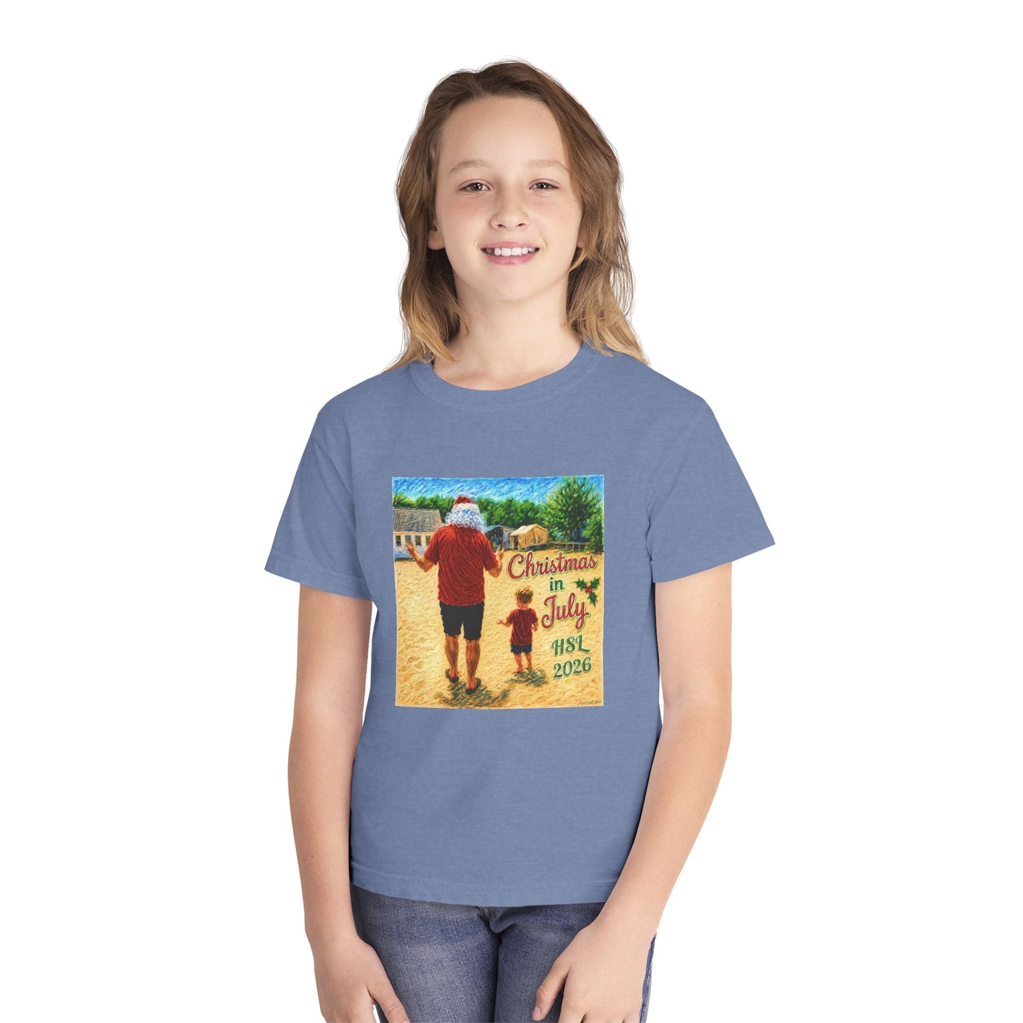 Dry-Blend Youth Tee — "Christmas in July" Beach Design 2026